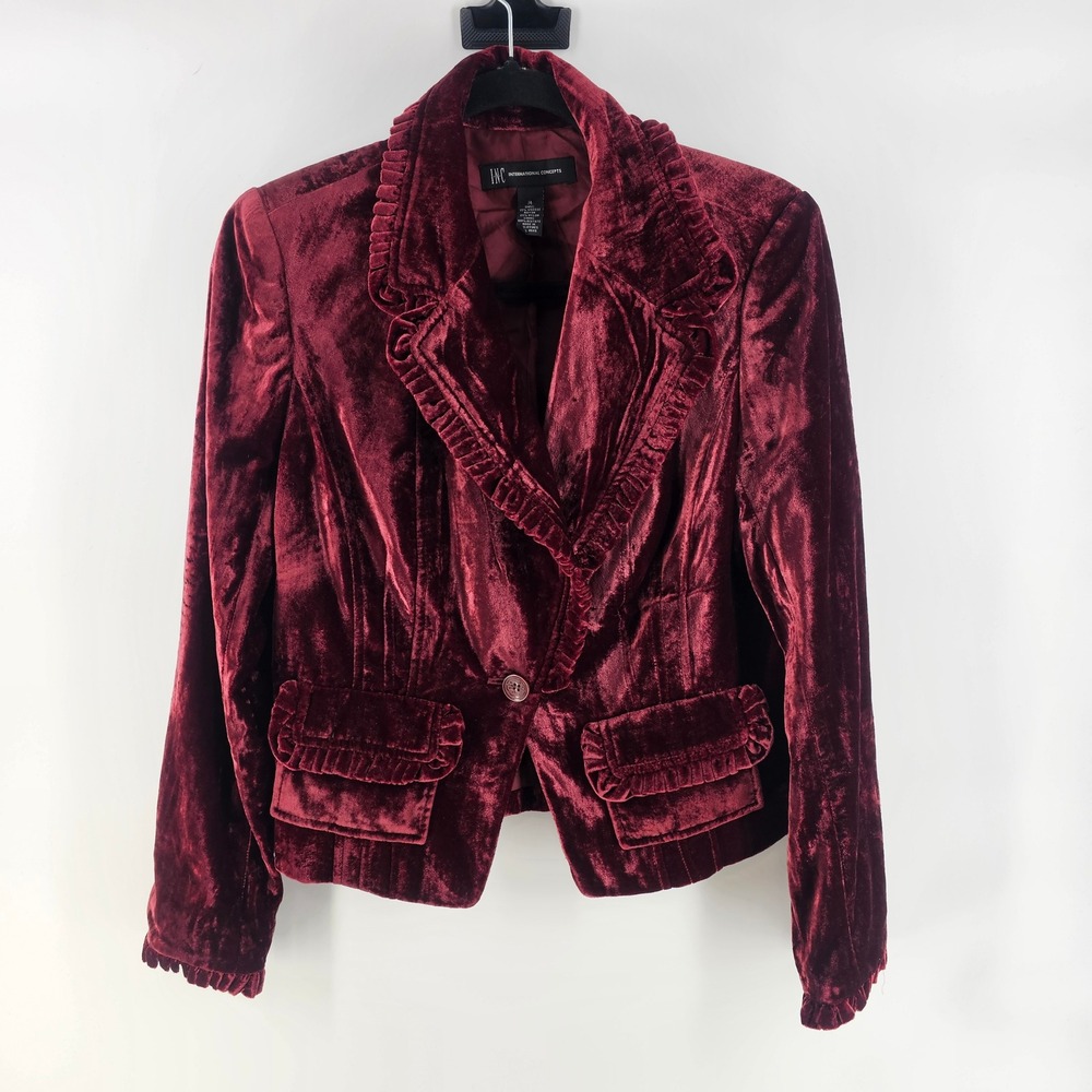 INC Velvet Blazer M Burgundy Ruffle Trim Single Button Luxe Whimsigoth Y2K Goth